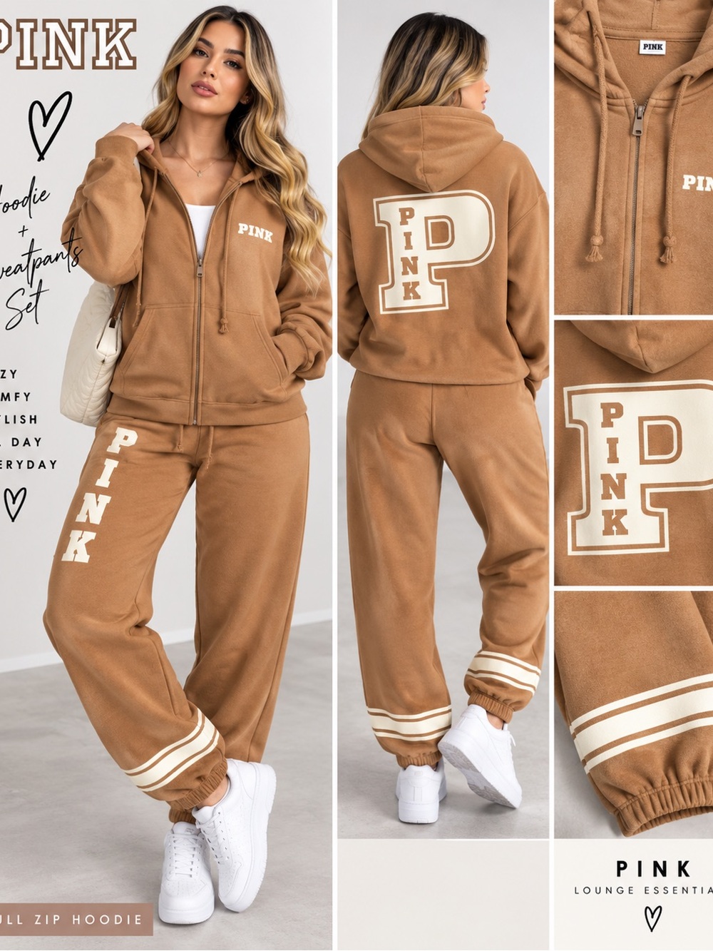 2pc set PINK Victoria's Secret Camel Fleece Zip Hoodie & Joggers Set L/XL NWT